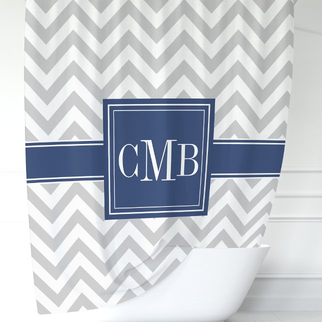 Grey and Navy Blue Chevron Monogram Shower Curtain (Creator Uploaded)