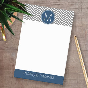 Grey and Navy Blue Chevrons with Custom Monogram Post-it Notes