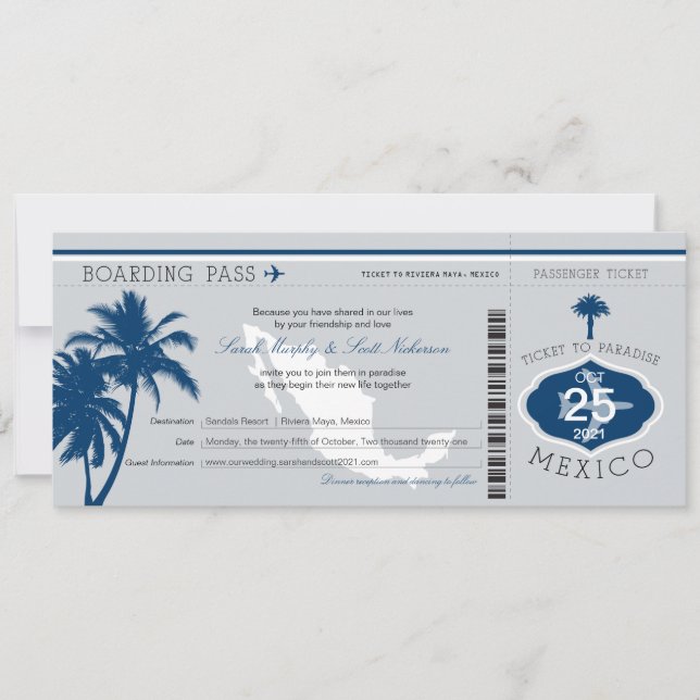 Grey and Navy Blue Mexico Boarding Pass Wedding Invitation (Front)
