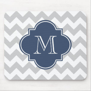 Grey and Navy Blue Modern Chevron Custom Monogram Mouse Pad