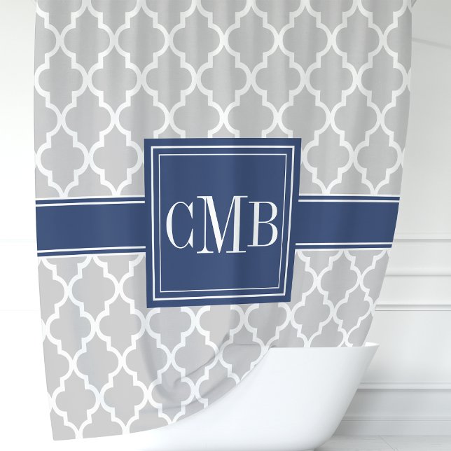 Grey and Navy Blue Moroccan Monogram Shower Curtain (Creator Uploaded)