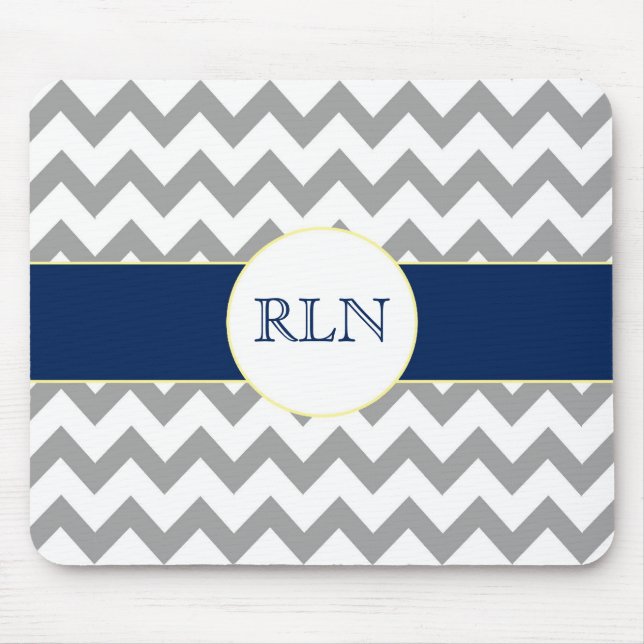 Grey and Navy Chevron Striped Monogram Mousepad (Front)