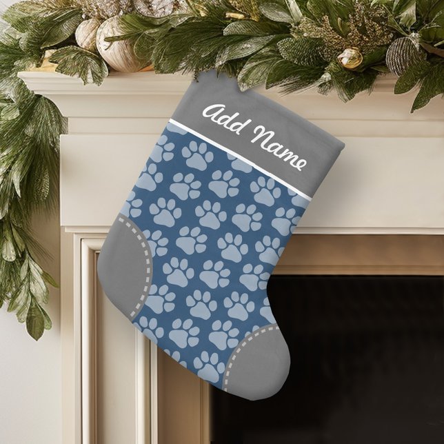 Grey and Navy Dog Paw Print Pattern Custom Name Small Christmas Stocking (Personalized Christmas Stocking)