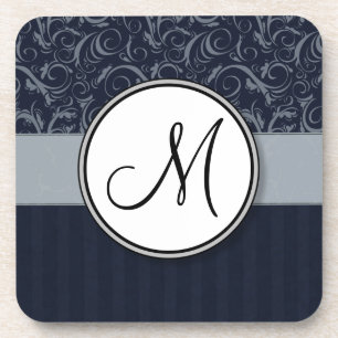 Grey and Navy Floral Wisps & Stripes with Monogram Coaster