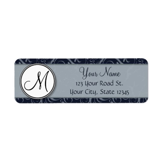 Grey and Navy Floral Wisps & Stripes with Monogram Return Address Label