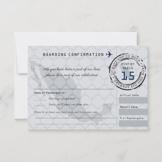 Grey and Navy Wedding RSVP Boarding Pass to Mexico (Front)