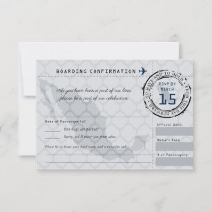 Grey and Navy Wedding RSVP Boarding Pass to Mexico