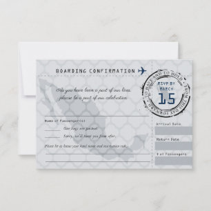 Grey and Navy Wedding RSVP Boarding Pass to Mexico Card