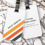 Grey and orange diagonal retro stripes white luggage tag<br><div class="desc">Luggage tag featuring three diagonal stripes in dark grey and two shades of orange on a white background and your custom name in a bold,  modern sans serif font. Add your contact information on the back.</div>