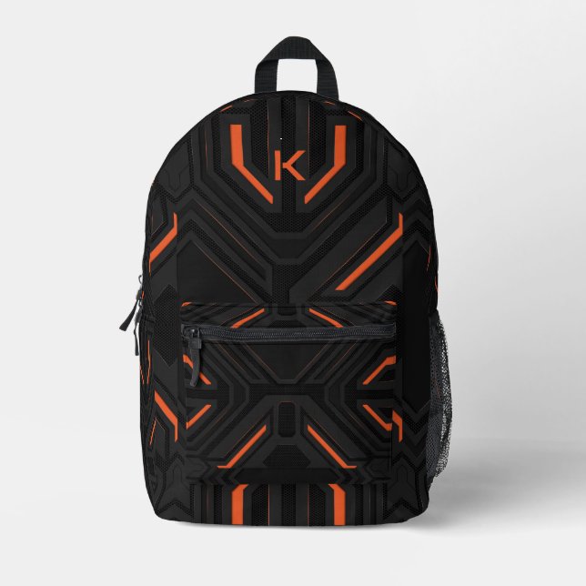 Grey and orange gaming background geometric design printed backpack (Front)