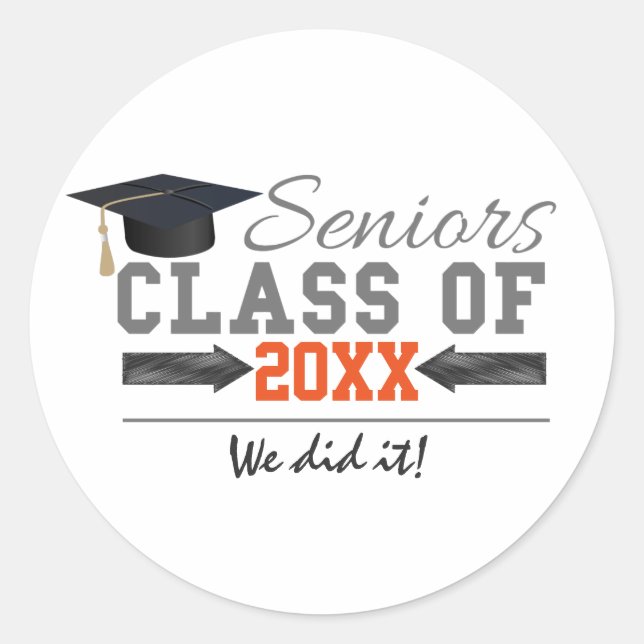 Grey and Orange Graduation Gear Classic Round Sticker (Front)