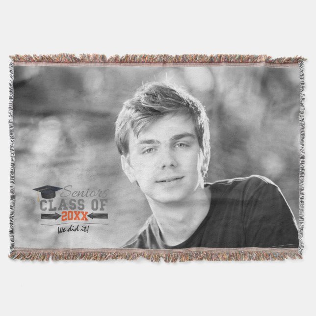 Grey and Orange Graduation Gear Throw Blanket (Front)
