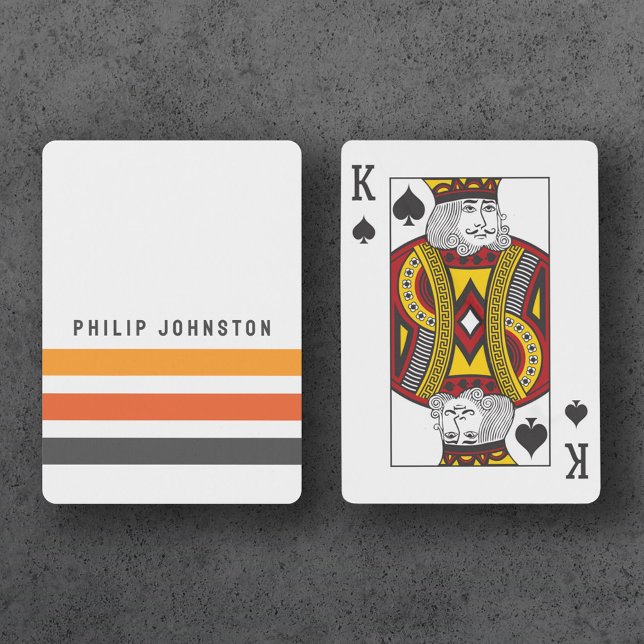 Grey and orange retro stripes custom name white playing cards (Creator Uploaded)