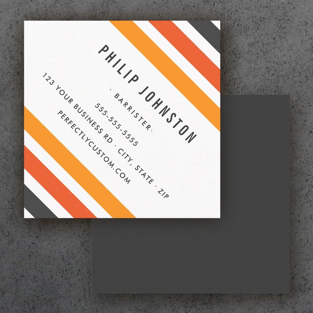 Grey and orange retro stripes white diagonal square business card (Creator Uploaded)