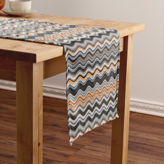 Grey and Orange Wavy Stripes Short Table Runner (In Situ)