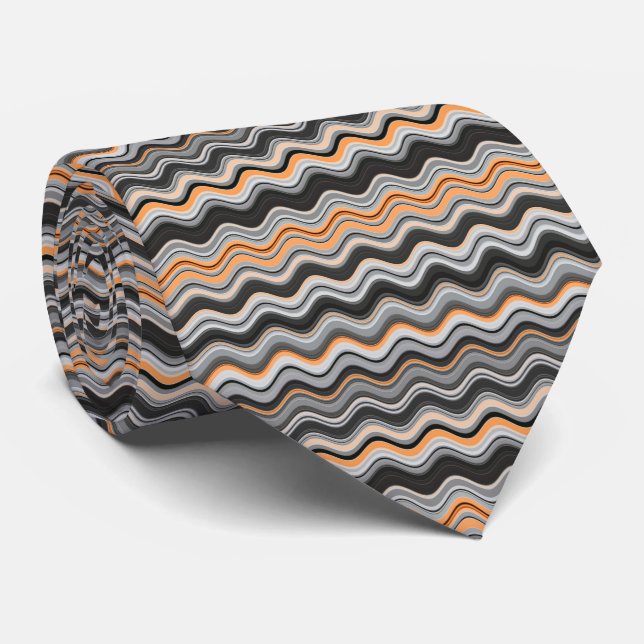 Grey and Orange Wavy Stripes Tie (Rolled)