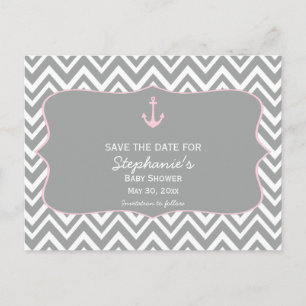 Grey and Pastel Pink Chevron Nautical Baby Shower Announcement Postcard
