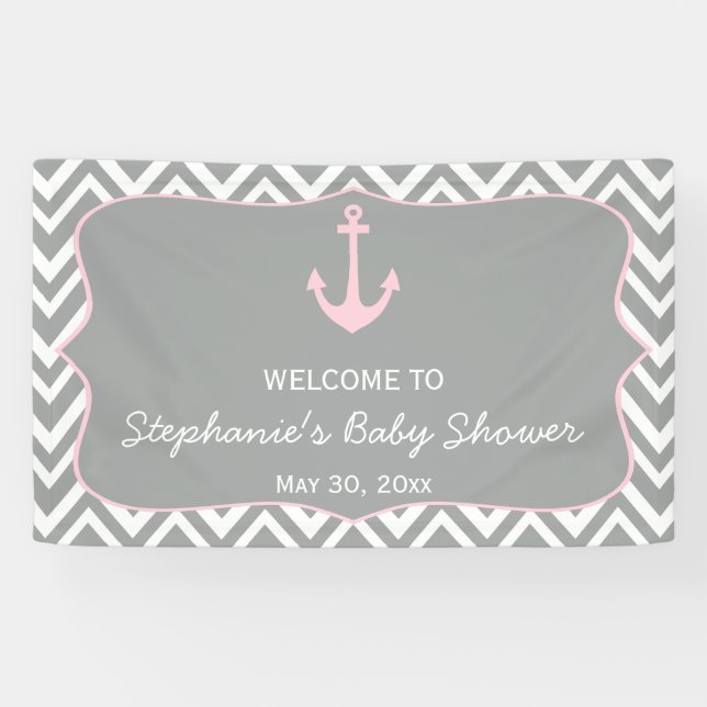 Grey and Pastel Pink Chevron Nautical Baby Shower Banner (Horizontal)