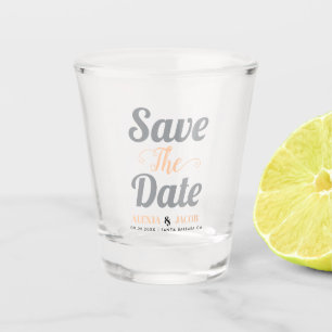 Grey and peach typography and names Save the Date Shot Glass