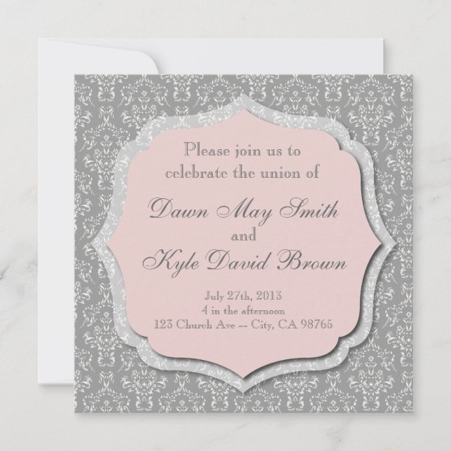 Grey and peach wedding invitation (Front)