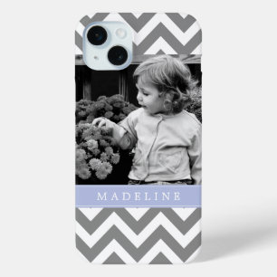 Grey and Periwinkle Zigzags Personalised Photo iPhone 15 Mini Case