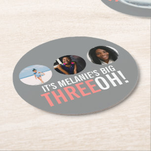 Grey and pink 30th THREEOH! photo birthday graphic Round Paper Coaster
