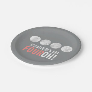 Grey and pink 40th FOUROH! photo birthday Paper Plate