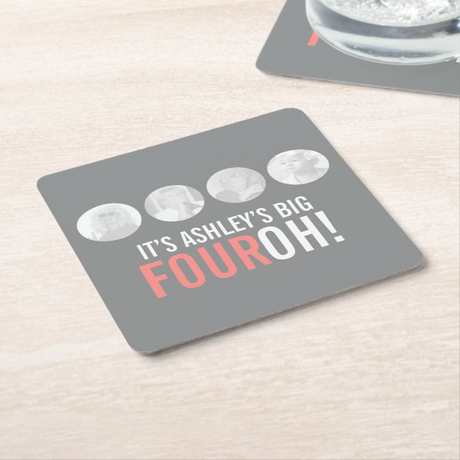Grey and pink 40th FOUROH! photo birthday party Square Paper Coaster (Angled)