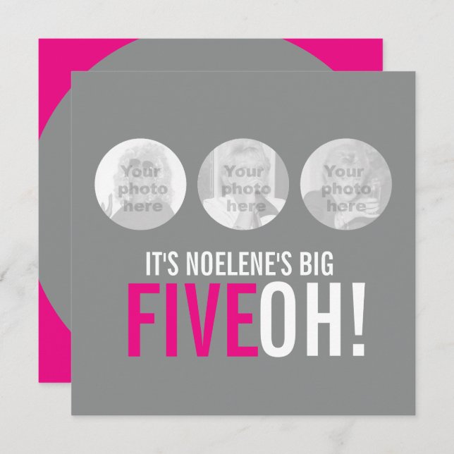 Grey and pink 50th FIVEOH! photo birthday invite (Front/Back)