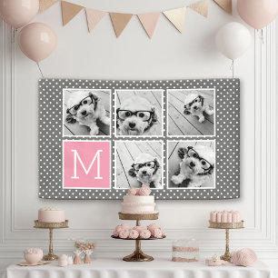 Grey and Pink 5 Photo Collage with Monogram Banner