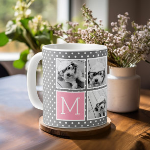 Grey and Pink 5 Photo Collage with Monogram Coffee Mug