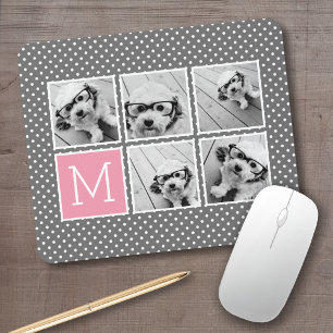 Grey and Pink 5 Photo Collage with Monogram Mouse Pad