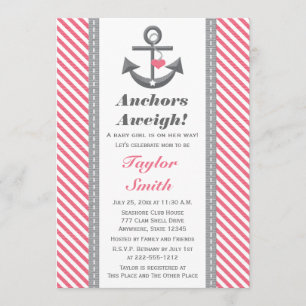 Grey and Pink Anchor Nautical Baby Shower Invitation