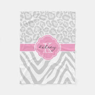 Grey and Pink Animal Print Custom Monogram Fleece Blanket