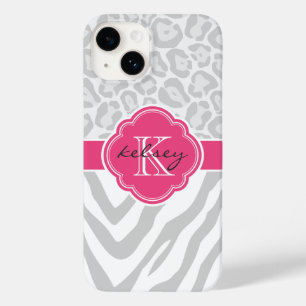 Grey and Pink Animal Print Monogram Case-Mate iPhone 14 Case