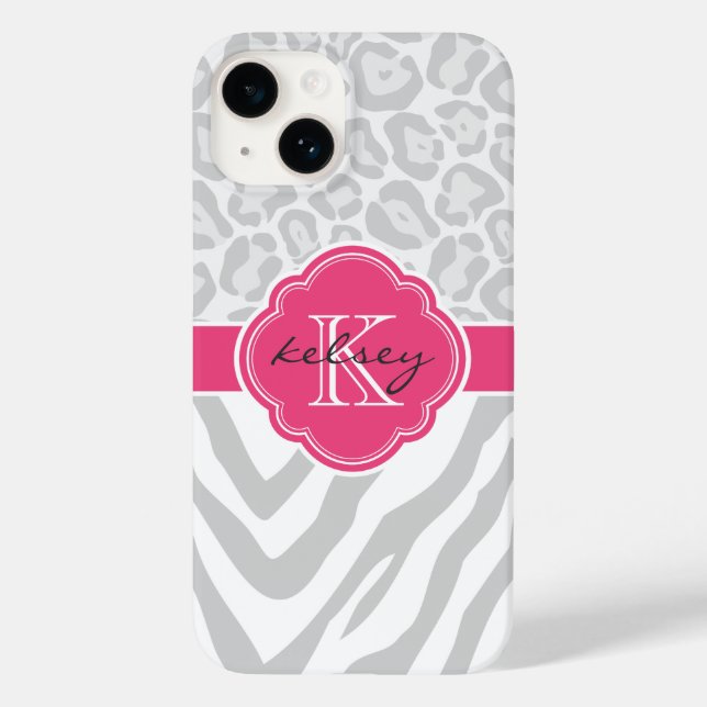 Grey and Pink Animal Print Monogram Case-Mate iPhone Case (Back)