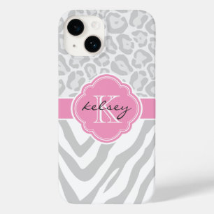 Grey and Pink Animal Print Monogram Case-Mate iPhone 14 Case