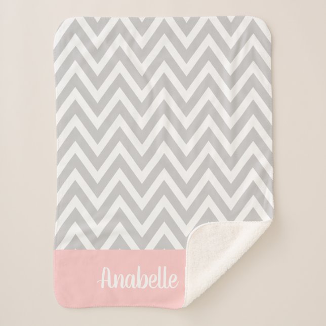 Grey and Pink Chevron Baby Name Monogrammed Sherpa Blanket (Front)