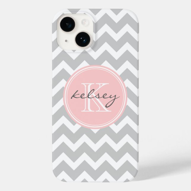 Grey and Pink Chevron Custom Monogram Case-Mate iPhone Case (Back)