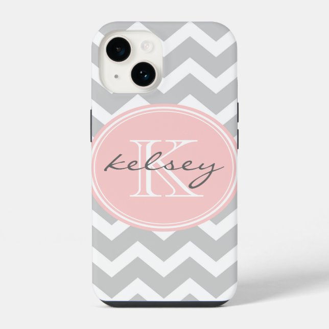 Grey and Pink Chevron Custom Monogram iPhone Case (Back)