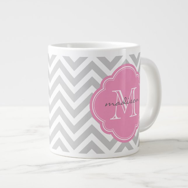 Grey and Pink Chevron Custom Monogram Large Coffee Mug (Front Right)