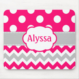 Grey and Pink Chevron Dots Personalised Mouse Pad