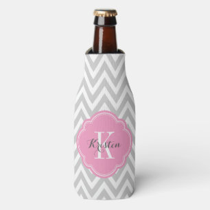 Grey and Pink Chevron Monogram Bottle Cooler