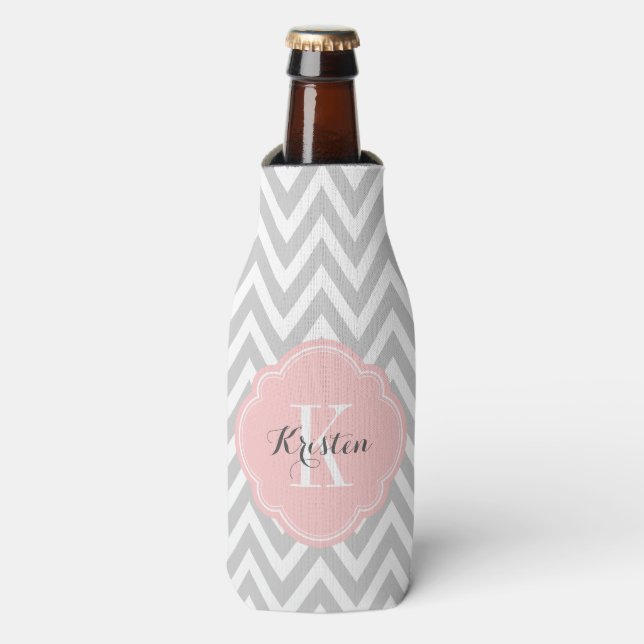 Grey and Pink Chevron Monogram Bottle Cooler (Bottle Front)