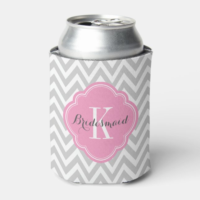 Grey and Pink Chevron Monogram Can Cooler (Can Front)