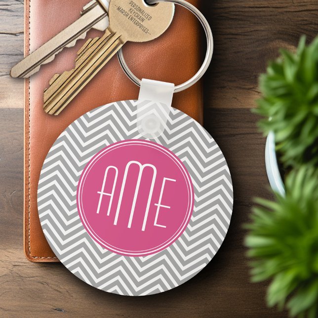 Grey and Pink Chevrons with Custom Monogram Key Ring (Personalized Keychain - Add Name or Monogram)