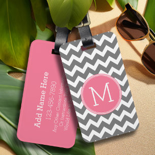 Grey and Pink Chevrons with Custom Monogram Luggage Tag