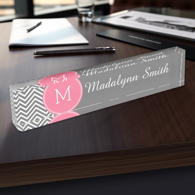 Grey and Pink Chevrons with Custom Monogram Nameplate (Personalized Name Plate for the Office, School or Home)