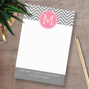 Grey and Pink Chevrons with Custom Monogram Post-it Notes