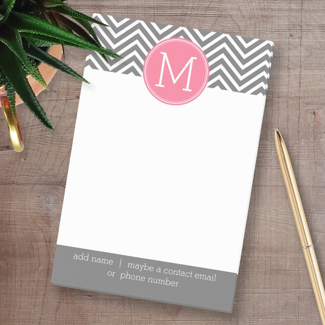 Grey and Pink Chevrons with Custom Monogram Post-it Notes (Custom Post-it Note Pads - Add your name and other text)
